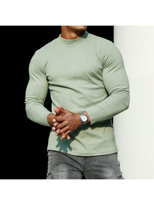 Men's Casual Slim Basic Versatile Round Neck Long-sleeved T-shirt Fitness Sports Training T-shirt Outdoor Running Botto