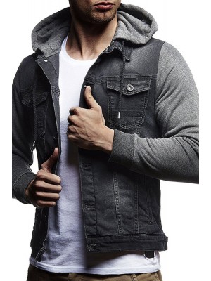 Men's Knit Hooded Denim Jacket Fashion Stitching Denim Coat