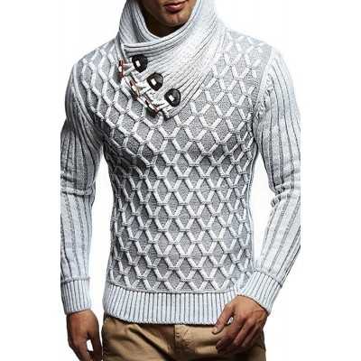 Men's Leather Button Turtleneck Knit Top Pullover