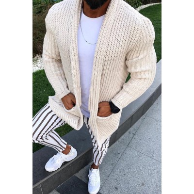 Mens Slim Lapel Knitted Sweater Long Sleeve Cardigan