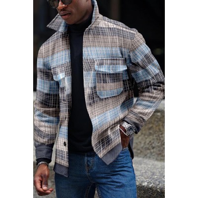 Men Pocket Plaid Color Block Print Jacket